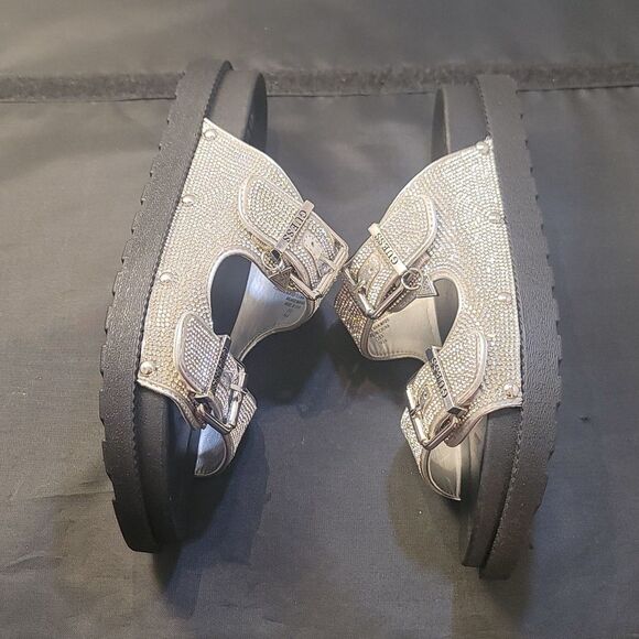 BRAND NEW GUESS GLASS STONES RHINESTONE SLIDE SANDALS - Picture 14 of 16